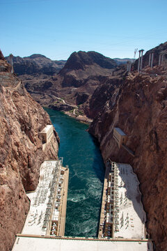 The Hoover Dam uses the Colorado River to create Lake Mead along the Nevada-Arizona border.