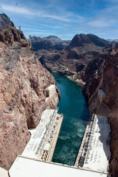 The Hoover Dam uses the Colorado River to create Lake Mead along the Nevada-Arizona border.