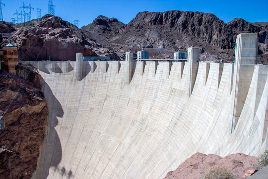 Hoover Dam uses the Colorado River to create Lake Mead along the Nevada-Arizona border.