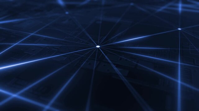 Royal blue color glowing global connection lines network data transfer neural network satellite communication binary data hi tech design black technology background