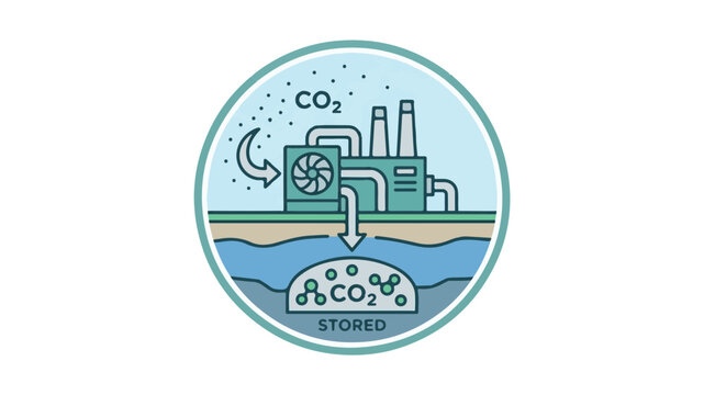 Industrial factory with emissions being absorbed by green trees under a moonlit sky in a circular badge logo for eco-friendly manufacturing.