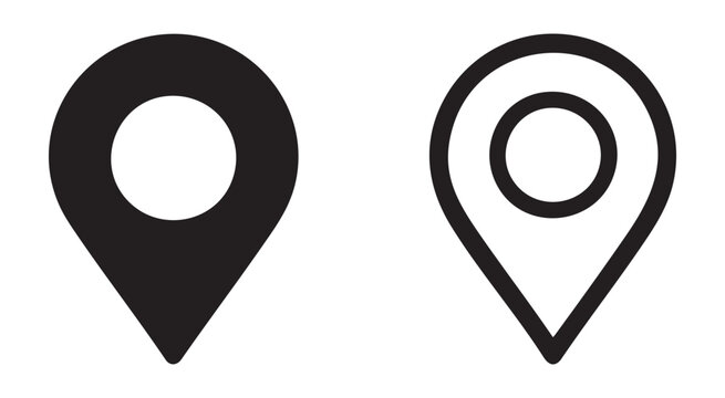 Minimalist map pin icon pair with solid and outline versions for location marking and web interface.