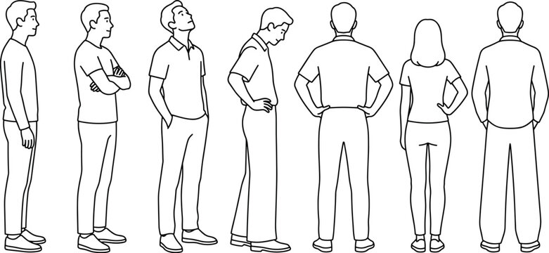 Front Side and Back View Standing People Line Art Vector Character Reference Set