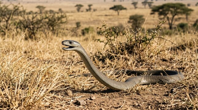 Black mamba snake with open mouth raised in defensive pose in dry African savanna grassland