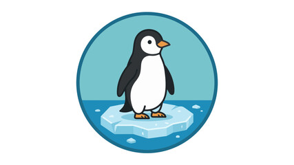 Fototapeta premium Cartoon penguin standing on a floating ice block with a teal circular background and white snowflakes.