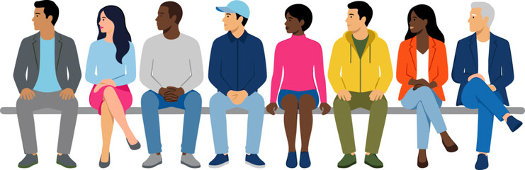 Obraz premium Diverse multiracial group of men and women sitting together on a bench flat vector illustration