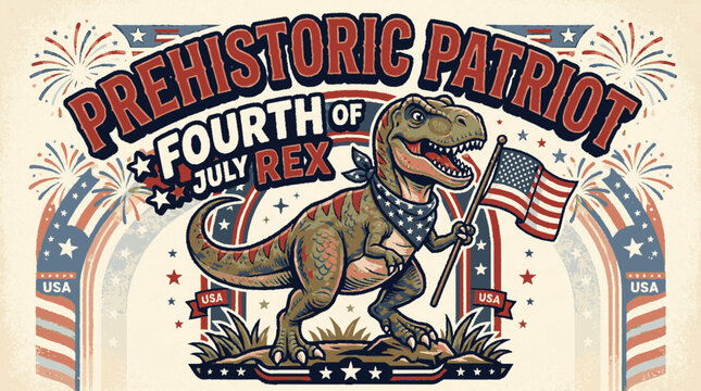 Patriotic dinosaur illustration featuring a t rex holding an american flag