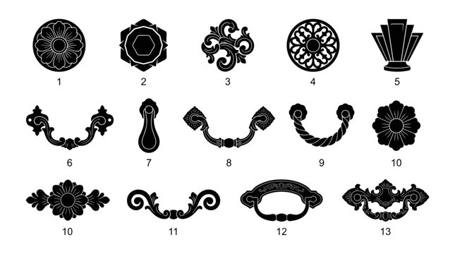 Decorative Ironwork Designs Featuring Intricate Floral and Geometric Patterns in Black Featuring Design, Vintage, Antique