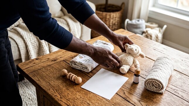 Black Man Arranging Children's Sleep Aids in Cozy Home &ndash; Parenting & Wellness Content
