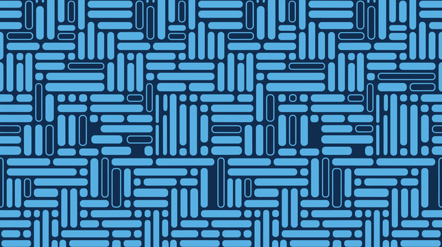 Geometric seamless pattern with blue rounded rectangles and bars arranged in a grid like structure on a dark background