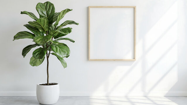 Large blank picture frame on white wall next to potted indoor fiddle leaf fig