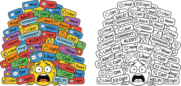 Stressed Cartoon Emoji Overwhelmed by Social Media Notifications A Conceptual Illustration of Digital Fatigue