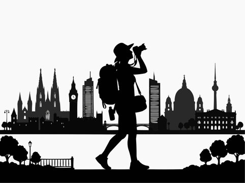 Silhouette of a traveler with a backpack and camera against a city skyline for the concept of urban exploration and adventure.