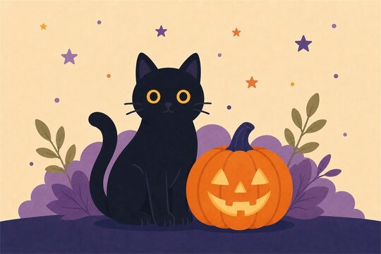 黒猫とかぼちゃランタンのハロウィンイラスト