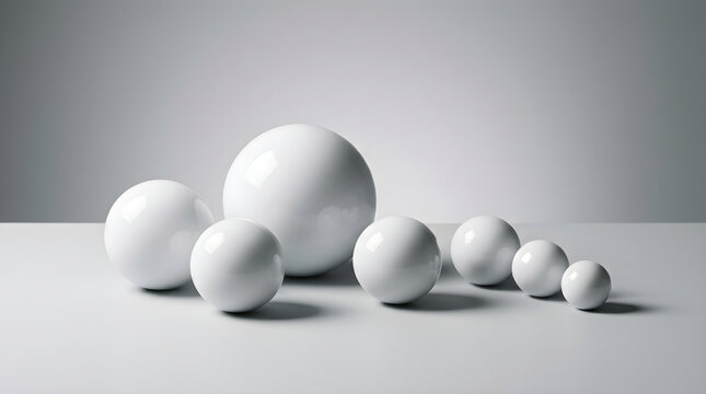 Arrangement of white spheres of various sizes on minimalist background