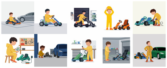 Fototapeta premium Set of illustrations of a little boy charging and driving his electric go-kart in the garage