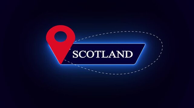 Professional Scotland title layout graphic with a sleek neon border structure, decorated with a red waypoint pointer and flight line