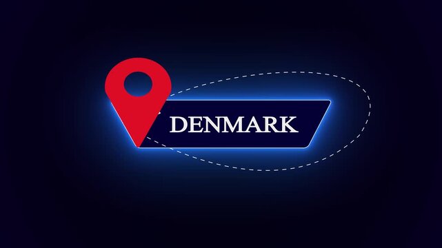 Modern digital navigation interface label displaying Denmark nameplate, stylized with a creative global aviation tracking trajectory path