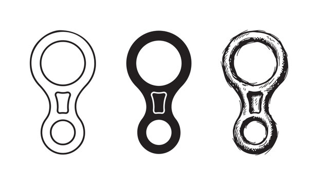 Figure eight descender for rappelling and rock climbing, depicted in simple outline, solid silhouette, and textured hand-drawn sketch styles.