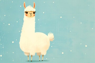 Fototapeta premium Cute white llama illustration in vintage style. Funny farm animal character standing on light blue background with snow. Artistic drawing for children book, nursery decor and design.