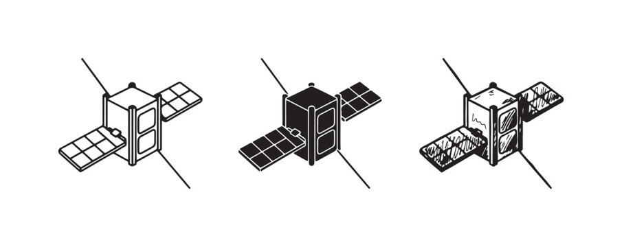 Three graphic renditions of a cubesat with deployed solar panels: outline, solid fill, and detailed hand-drawn sketch.
