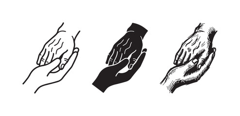 Obraz premium Comforting Hands Gesture Icon Set: Outline, Solid Black, and Gentle Sketch Styles Symbolizing Care and Serenity