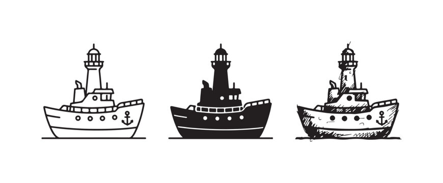 Front view of a lighthouse ship (lightship) with an anchor, presented in outline, solid silhouette, and detailed sketch styles