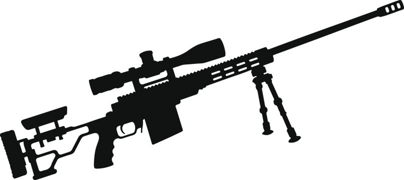 A solid black silhouette of a modern sniper rifle with a large optical scope and extended bipod stand, clean military tactical weapon, long-range shooting, and special forces concept style flat vector