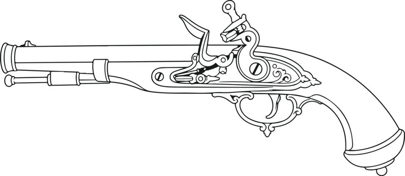 A black and white outline illustration of an antique flintlock pistol with intricate lock mechanisms, clean historic firearm, pirate weapon, and vintage military concept style flat vector illustration
