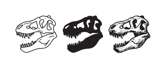 Set of three T-Rex dinosaur skull icons, featuring outline, solid silhouette, and detailed hand-drawn sketch styles. © BestFren