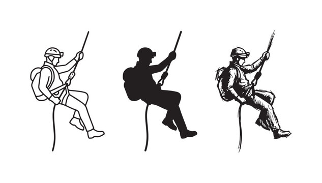Person rappelling or abseiling with a helmet, headlamp, and backpack, shown in outline, silhouette, and hand-drawn sketch styles.