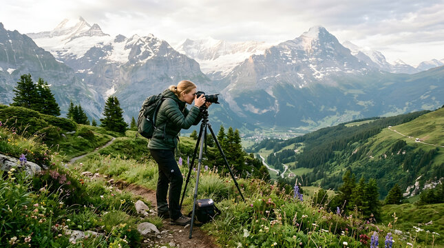 Mountain landscape photography during alpine hike with photographer, mountains