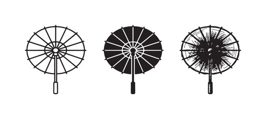 Three styles of handheld round fan icons: outline, solid black, and hand-drawn sketch © Ірина Гринюк
