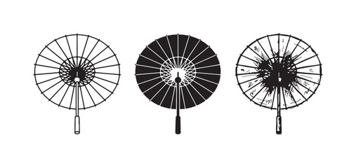 Three styles of round fan icons with a long handle: outline, solid black, and hand-drawn sketch © Ірина Гринюк