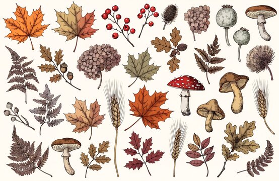 Autumn botanical collection featuring maple leaves oak ferns mushrooms berries and wheat Hand drawn autumn botanicals arranged on cream background. Warm earth tones include orange red brown beige. Sub