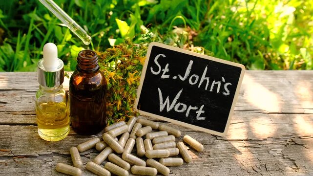 St. John's wort supplements. Selective focus.