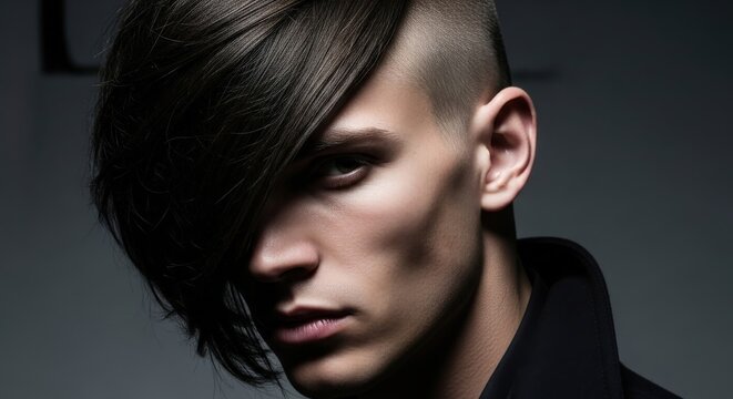 a close-up portrait of a handsome young man with an edgy haircut featuring shaved sides and a long, sweeping side fringe covering one eye, in low-key lighting