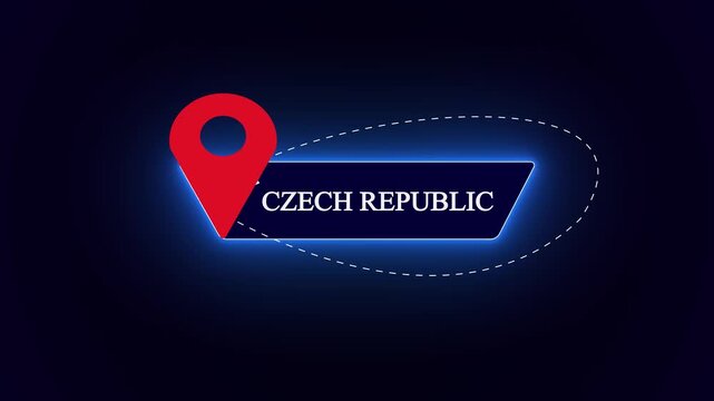 Polished geometric label displaying Czech Republic text, integrated with a vibrant navigation tracking map marker and blue neon gloss