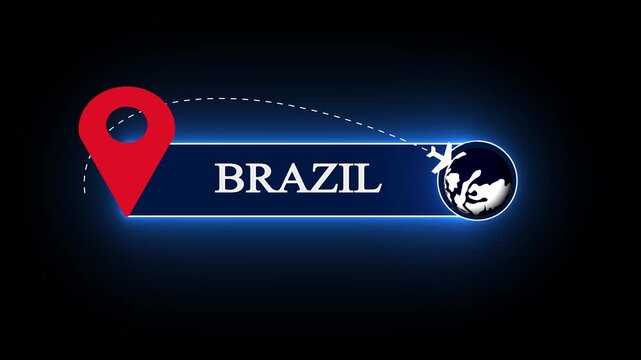 Innovative Brazil travel banner graphic, showcasing a bright red location pin pointer and a glowing blue neon globe orbit track line