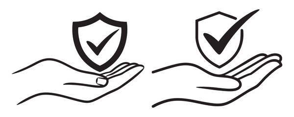 Fototapeta premium Hands holding shield with check mark icon vector, security and protection symbol.