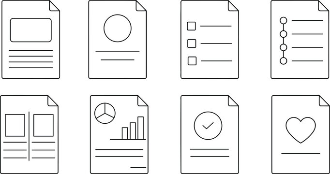 Business document template set with data charts and report layouts in clean line art presentation style
