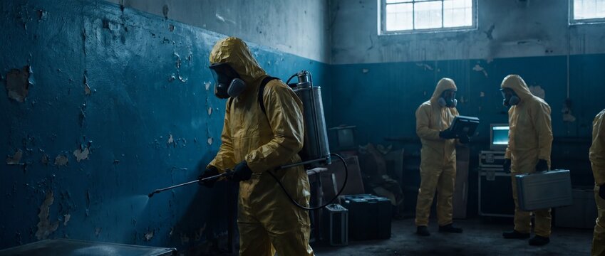 Hazardous material team in protective suits and gas mask working in derelict building with insecticide sprayer.