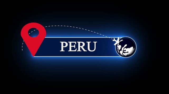 Dynamic Peru title tag for international travel vlogs, showcasing a luminous blue neon badge coupled with a world globe tracking sign