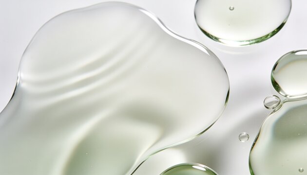 Macro view of clear fluid drops and splashes. Beautiful translucent water gel or oil texture for beauty product placement