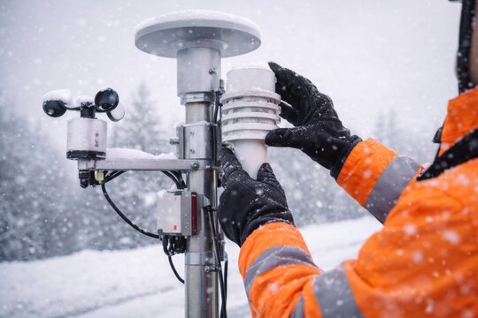 Technician Installing Weather Monitoring Sensor in Snow. Worker in orange jacket adjusting weather station sensor during snowfall for climate data collection.