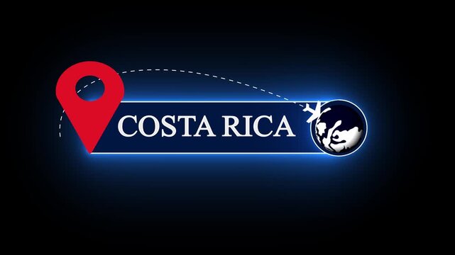 Futuristic Costa Rica text banner vector graphic, featuring a bold red map pin and a glowing neon globe tracking interface system