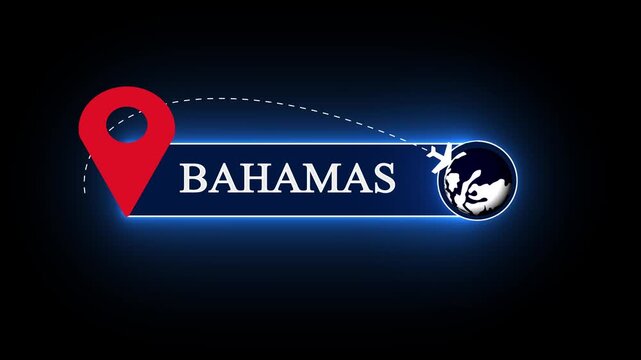 Elegant Bahamas nameplate graphic with a neon stroke frame, paired with a dynamic global cruise route marker and a red pinpoint