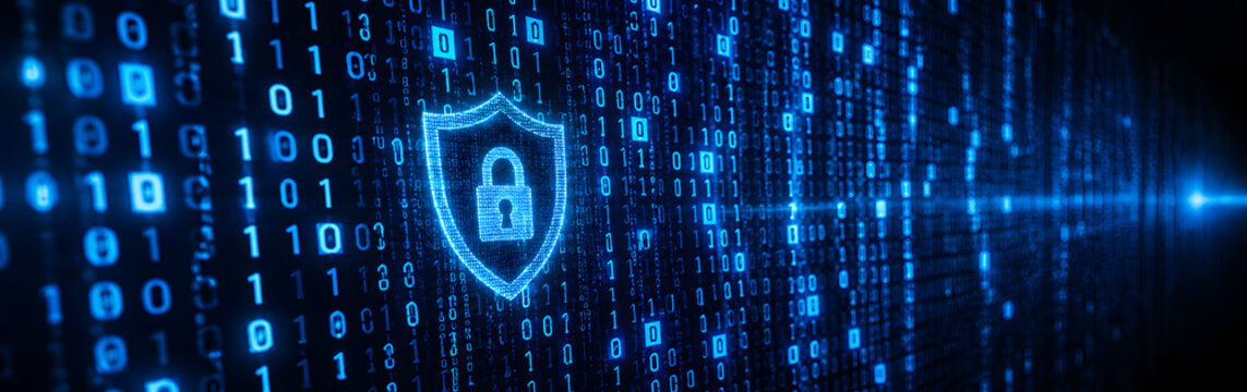digital security shield with padlock and binary code