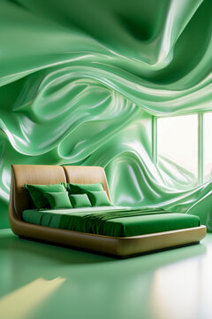 Modern Cozy Interior Bedroom Apartment room green color, Comfortable House Design AI Generative