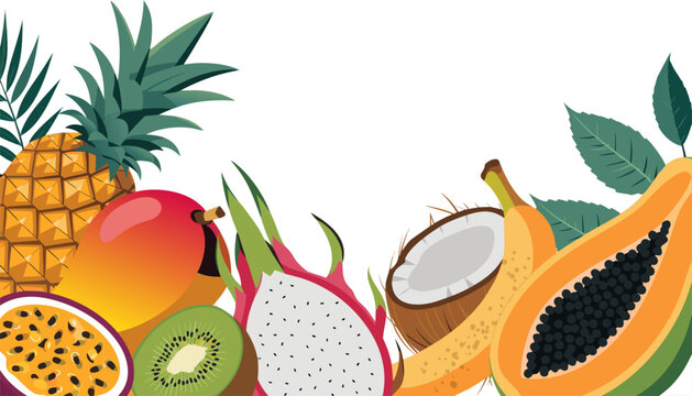 Colorful tropical fruit border with pineapple mango dragon fruit and papaya on white background
